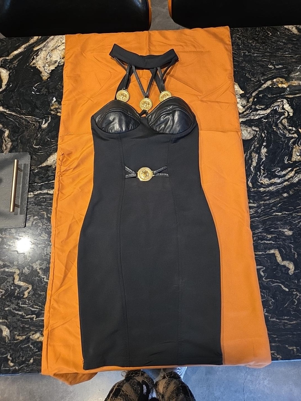 Black Halter Gold-Accent Bodycon Dress